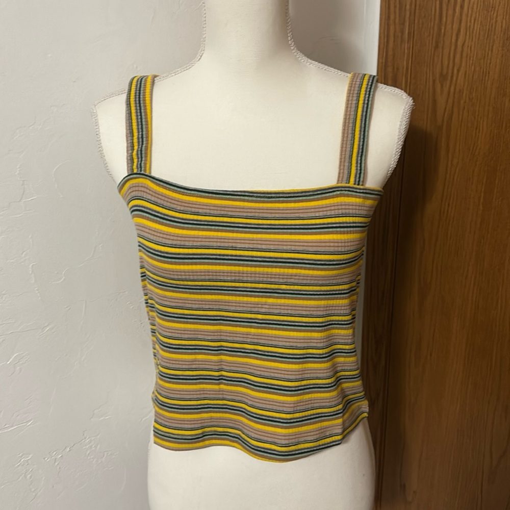 Olivaceous yellow & taupe striped square neck tank top S